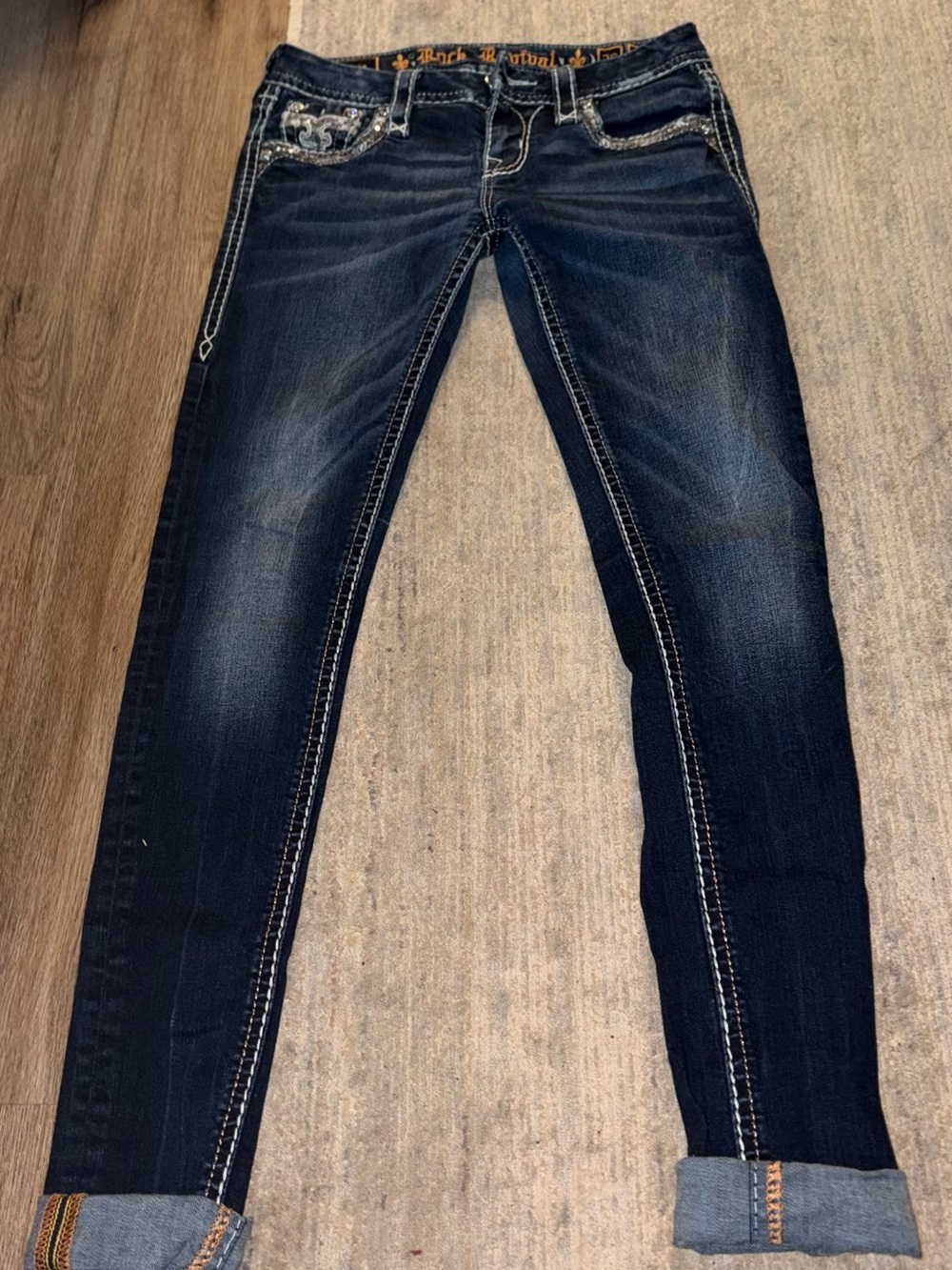 Rock Revival Dark Blue Skinny Jeans with Contrast Stitching
